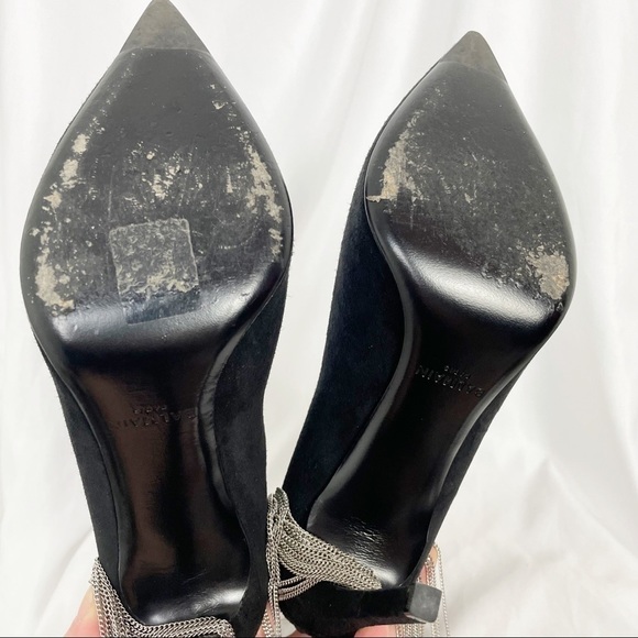 Balmain Mercy Suede Chain Fringe Pointed Toe Stiletto Heeled Ankle Boots Black - Picture 11 of 14